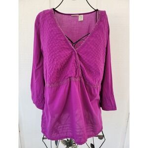 St Johns Bay 1X Shirt 100% Cotton Top Crochet Beaded Empire Waist Blouse BOHO